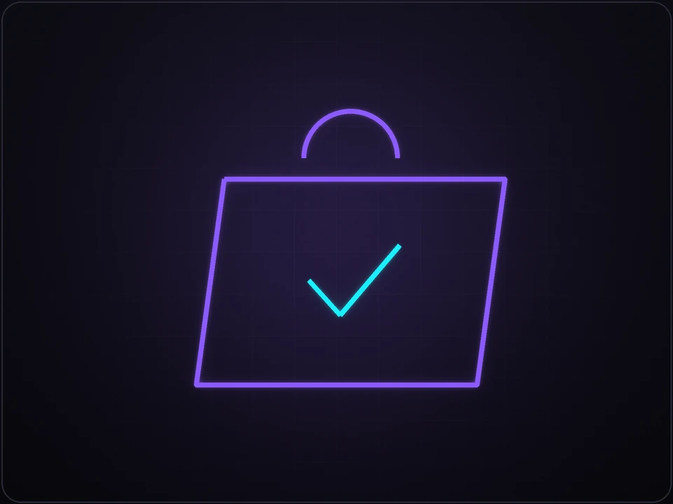 Ilustración neón de una bolsa de compra con un check