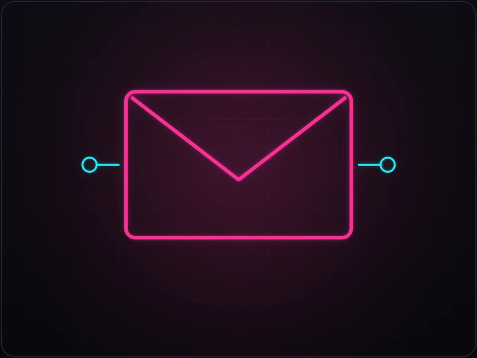 Ilustración neón de un sobre de correo conectado a dos nodos